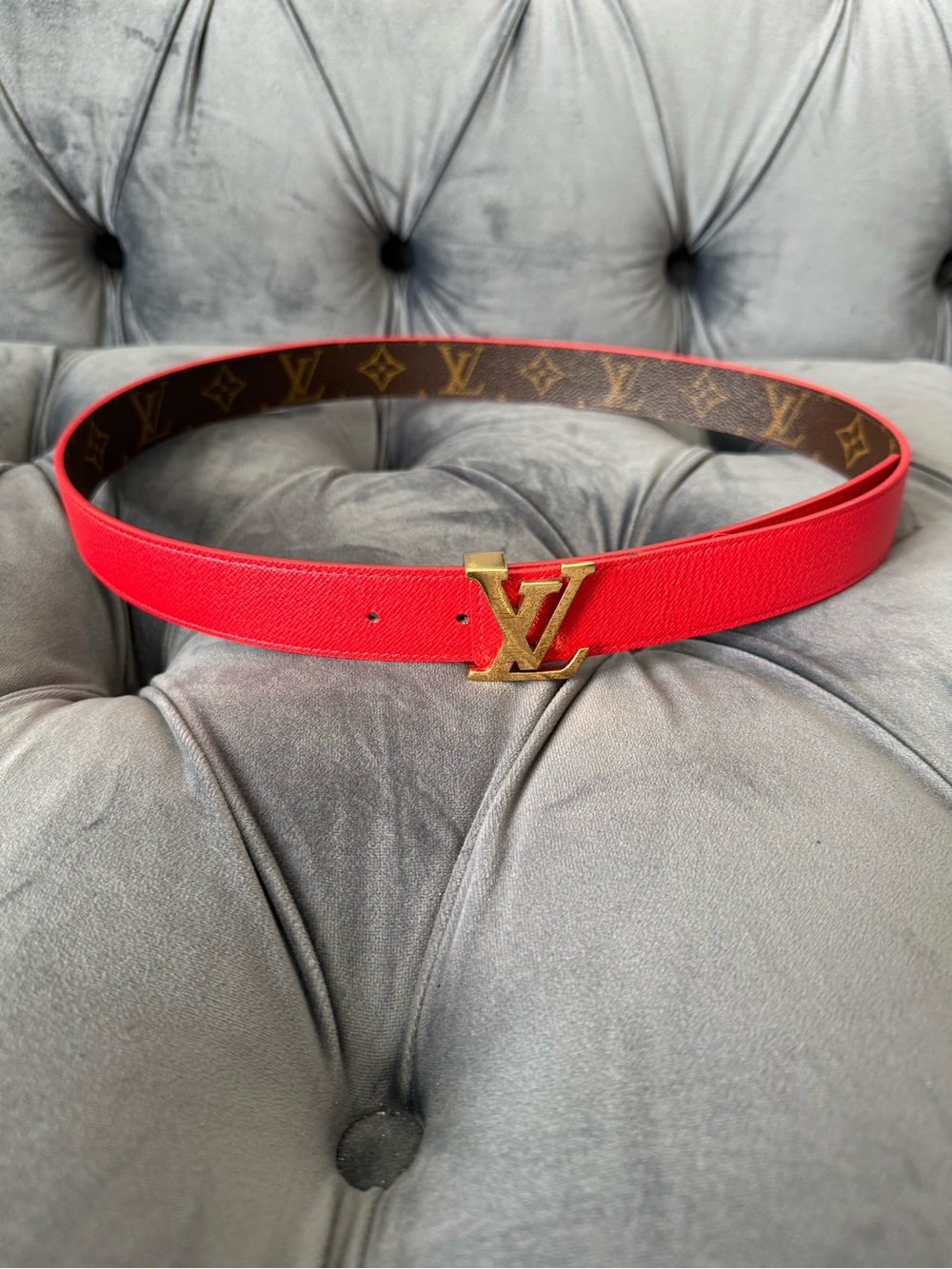 Louis Vuitton Brown Red Monogram Belt reversible Gold LV Buckle size